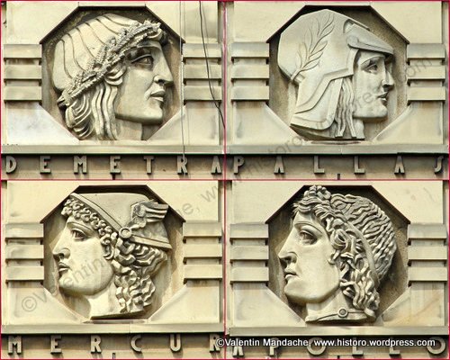 Art Deco style Greek gods bas-reliefs, Bucharest