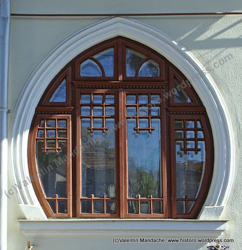 Lilac leaf shaped Art Nouveau window, 1920s, Campina, southern Romania